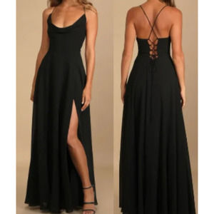 LULU'S SZ M Romantically Speaking Black Cowl Lace-Up Maxi Party Dress NEW B155